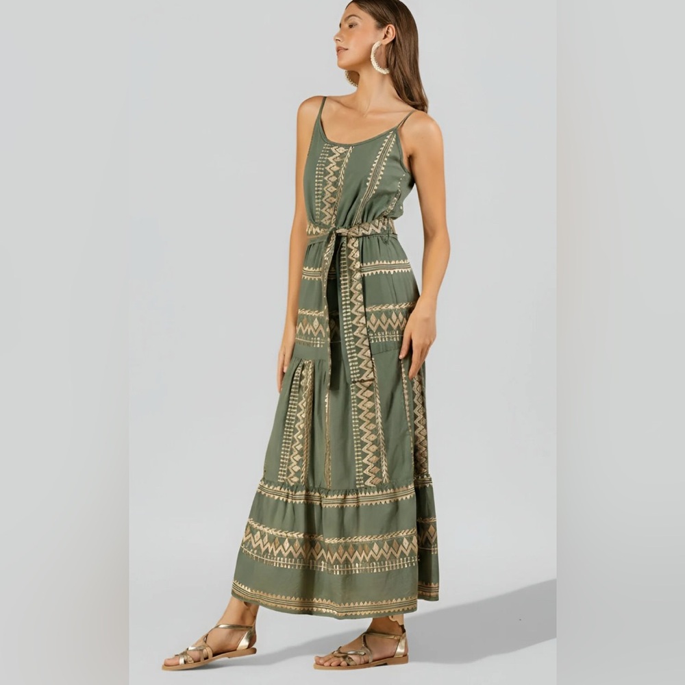 NWT Aether Nerina Greek Goddess 100% Cotton Maxi Dress w/ Gold Tribal Embroidery